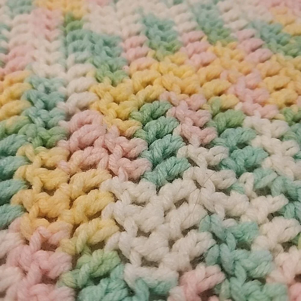 Vintage Crochet Baby Blanket Green Yellow Pink White 40x49